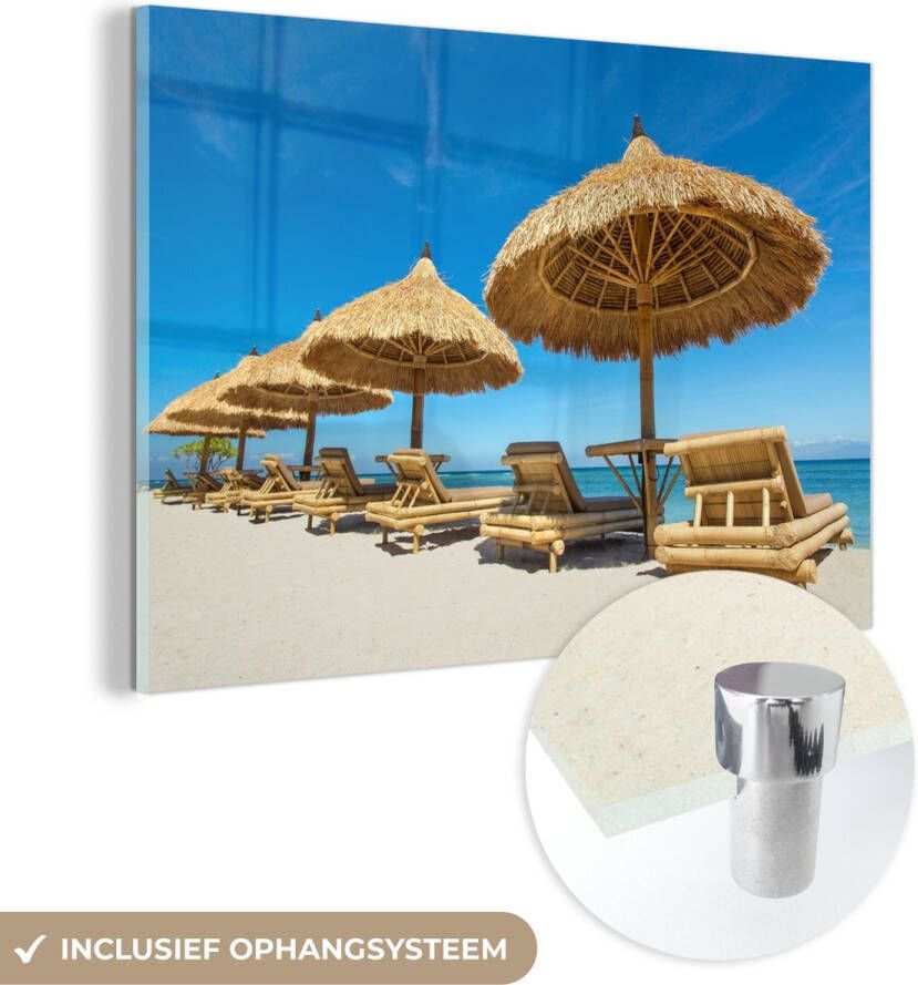 MuchoWow Glasschilderij 30x20 cm Schilderij acrylglas Strandstoel Strand Parasol Zee Zomer Foto op glas Schilderijen