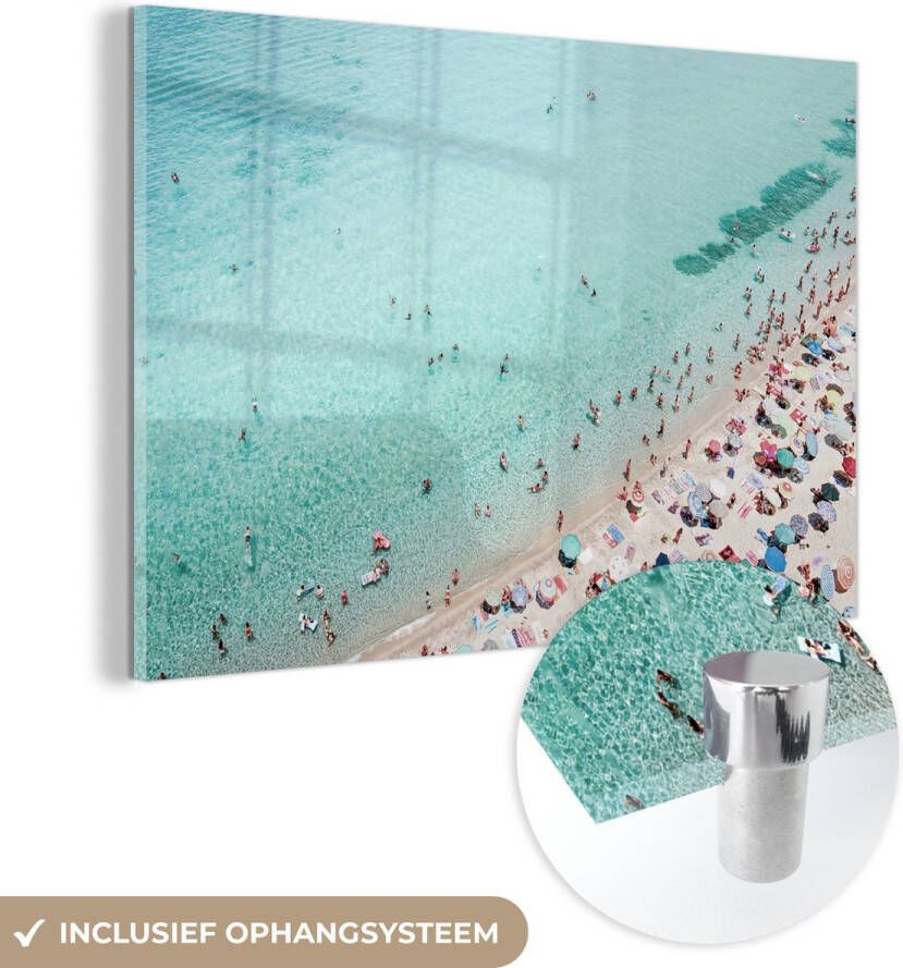 MuchoWow Glasschilderij 30x20 cm Schilderij acrylglas Zee Strand Parasols Blauw Zomer Foto op glas Schilderijen