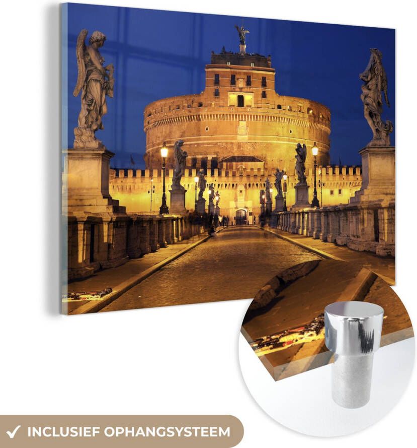 MuchoWow Glasschilderij 30x20 cm Schilderij glas De Engelenburcht verlicht door lampen in de ochtend in Rome Foto op acrylglas Schilderijen