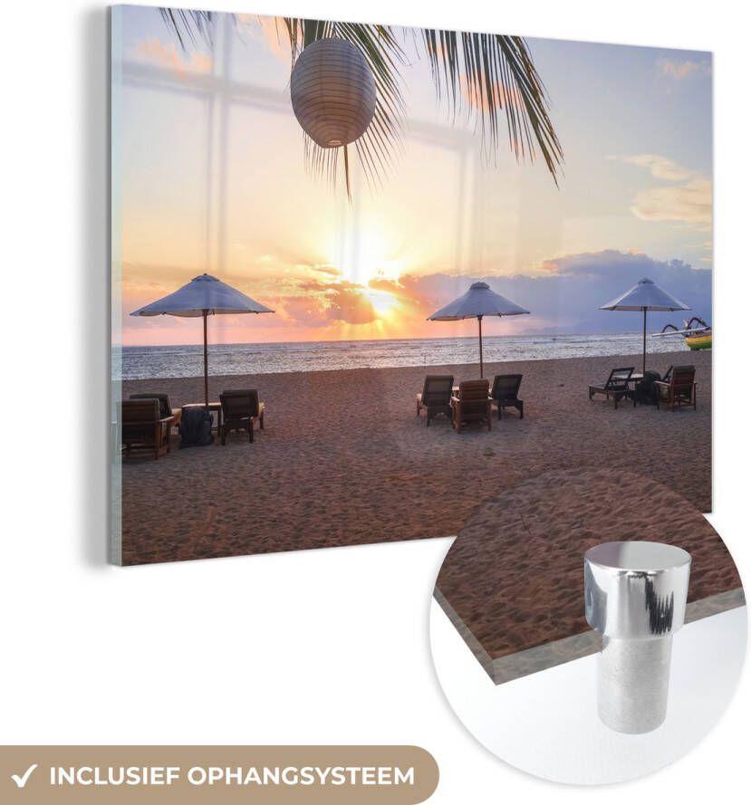 MuchoWow Glasschilderij 30x20 cm Schilderij glas Parasol Zonsondergang Palm Foto op acrylglas Schilderijen