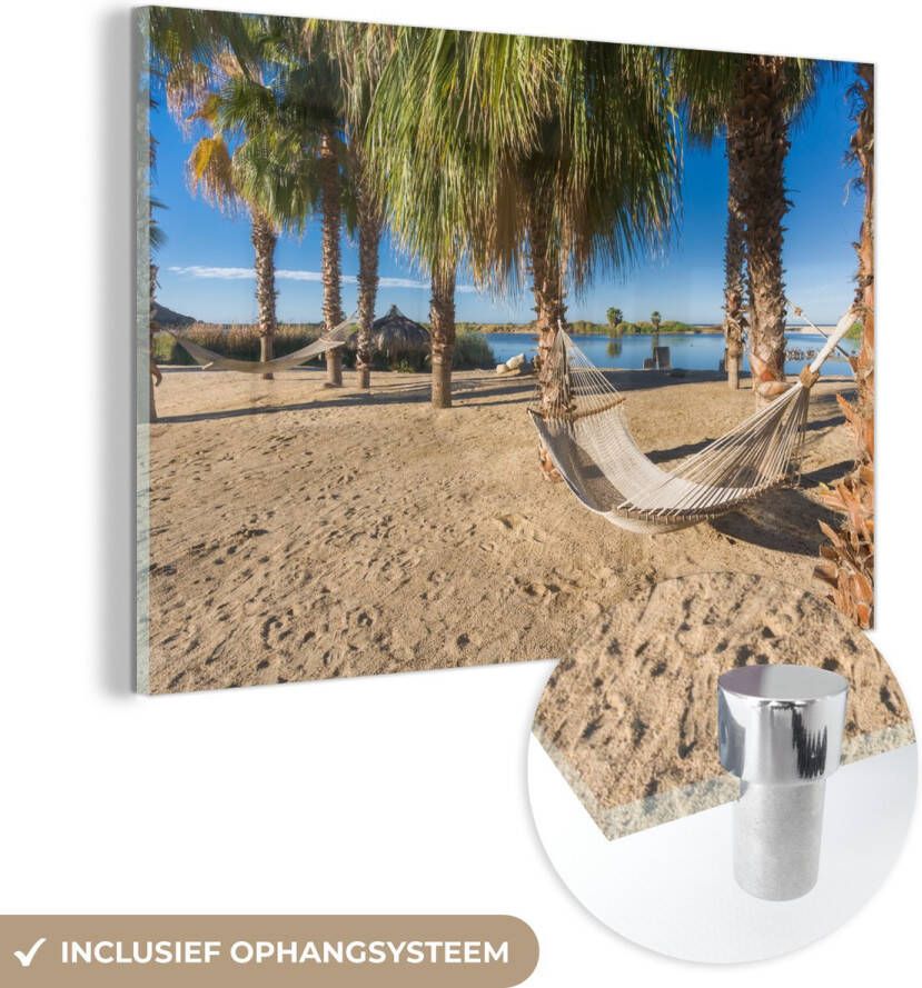 MuchoWow Glasschilderij 30x20 cm Schilderij glas Strand Hangmat Relax Foto op acrylglas Schilderijen