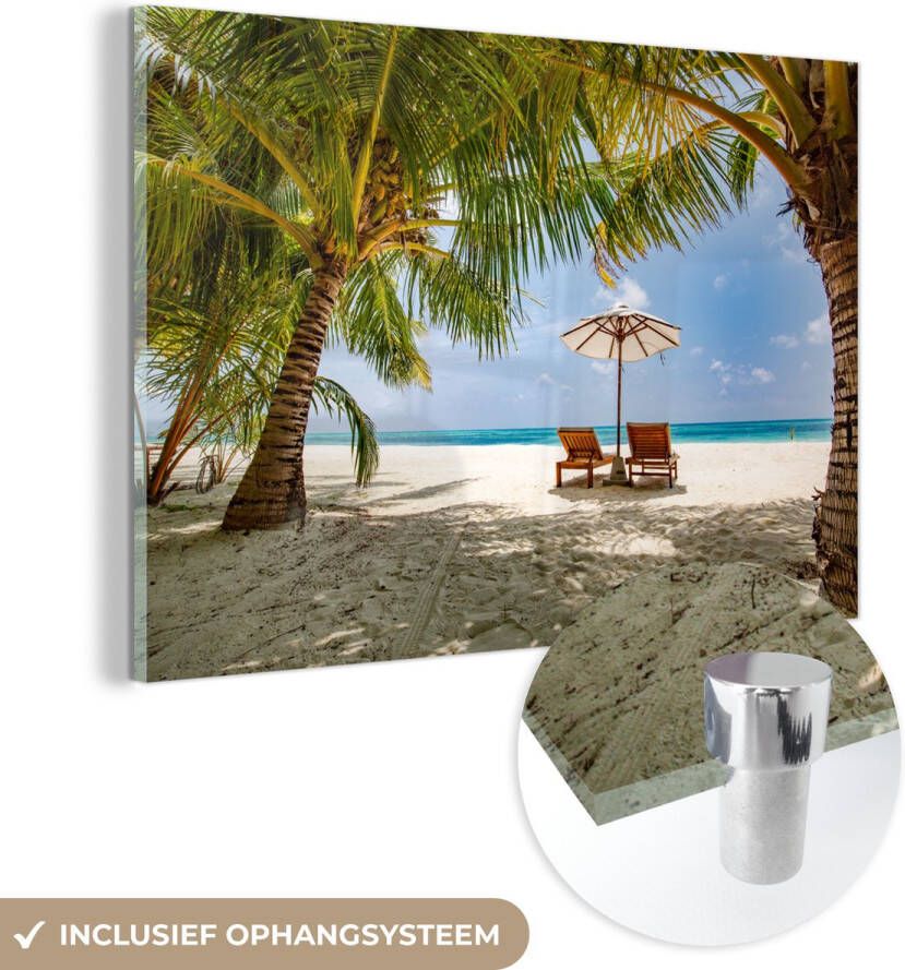 MuchoWow Glasschilderij 30x20 cm Schilderij glas Strand Strandstoel Parasol Foto op acrylglas Schilderijen