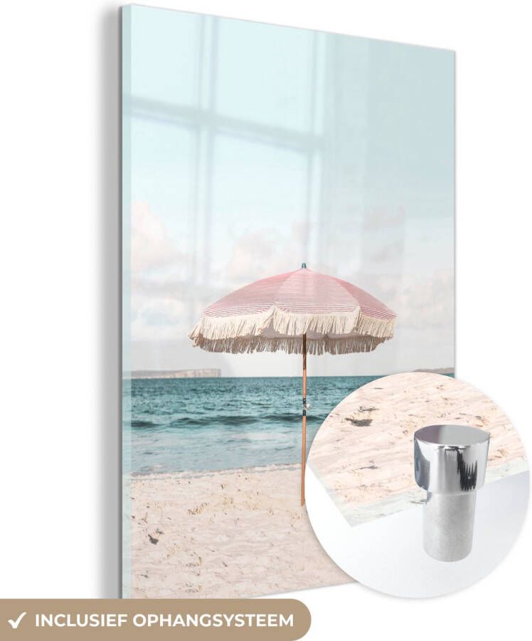 MuchoWow Glasschilderij 30x40 cm Schilderij acrylglas Parasol Strand Zee Wolken Foto op glas Schilderijen