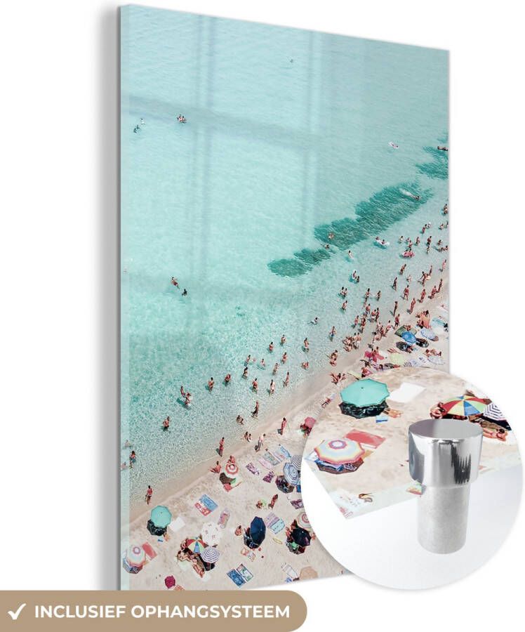 MuchoWow Glasschilderij 30x40 cm Schilderij acrylglas Zee Strand Parasols Blauw Zomer Foto op glas Schilderijen