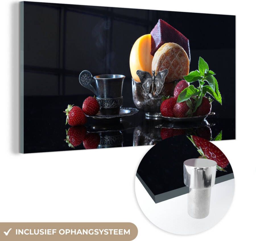 MuchoWow Glasschilderij 40x20 cm Schilderij glas Rustiek Fruit Kaas Tafel Stilleven Foto op acrylglas Schilderijen