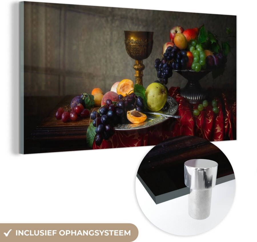 MuchoWow Glasschilderij 40x20 cm Schilderij glas Rustiek Tafel Fruit Stilleven Beker Foto op acrylglas Schilderijen