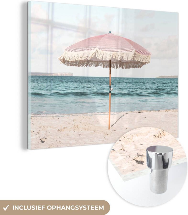 MuchoWow Glasschilderij 40x30 cm Schilderij acrylglas Parasol Strand Zee Wolken Foto op glas Schilderijen