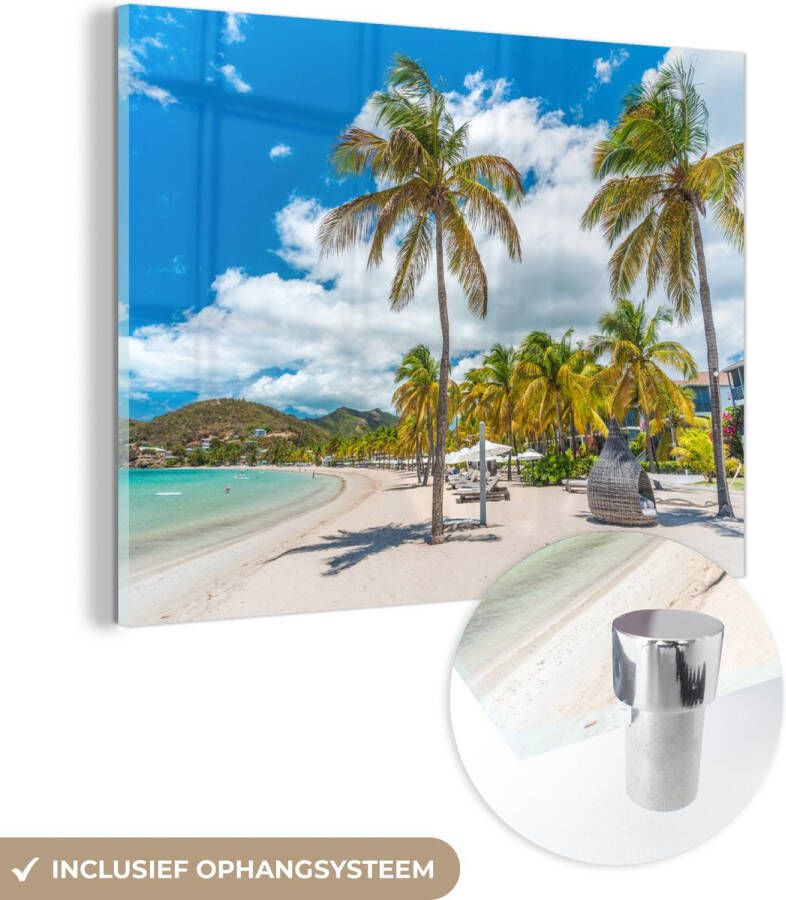 MuchoWow Glasschilderij 40x30 cm Schilderij acrylglas Strand Ligbed Palmbomen Foto op glas Schilderijen