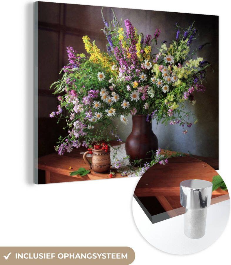 MuchoWow Glasschilderij 40x30 cm Schilderij acrylglas Bloemen Tafel Stilleven Boeket Vaas Foto op glas Muurdecoratie woonkamer Wanddecoratie slaapkamer Schilderijen