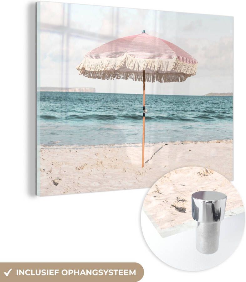 MuchoWow Glasschilderij 40x30 cm Schilderij glas Parasol Strand Zee Wolken Foto op acrylglas Schilderijen