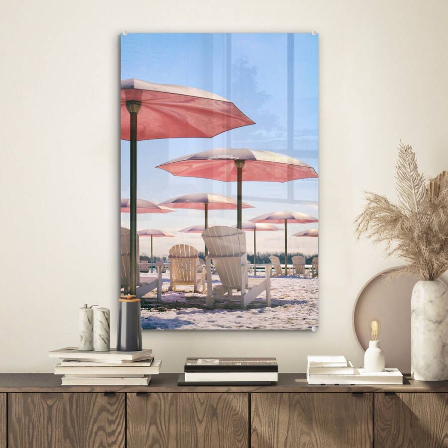 MuchoWow Glasschilderij 40x60 cm Schilderij glas Parasol Roze Zomer Foto op acrylglas Schilderijen