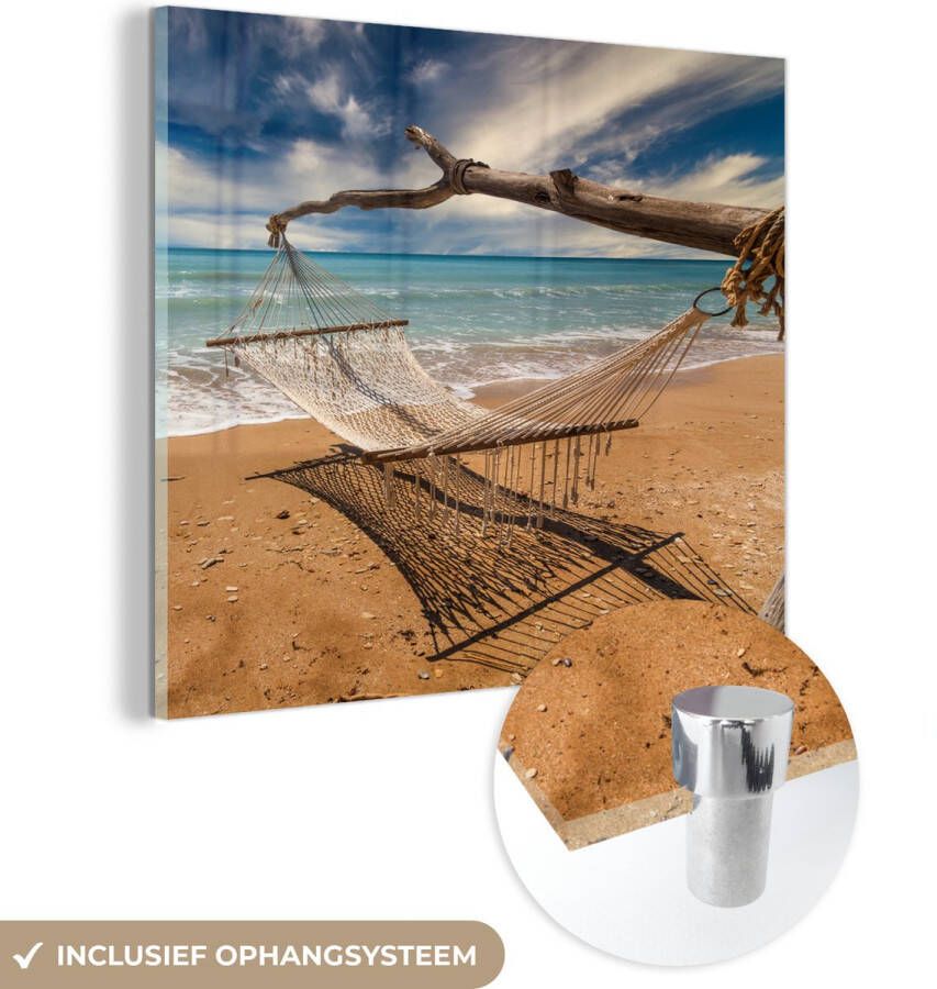 MuchoWow Glasschilderij 50x50 cm Schilderij acrylglas Strand Zee Hangmat Foto op glas Schilderijen