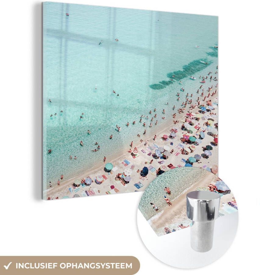 MuchoWow Glasschilderij 50x50 cm Schilderij acrylglas Zee Strand Parasols Blauw Zomer Foto op glas Schilderijen