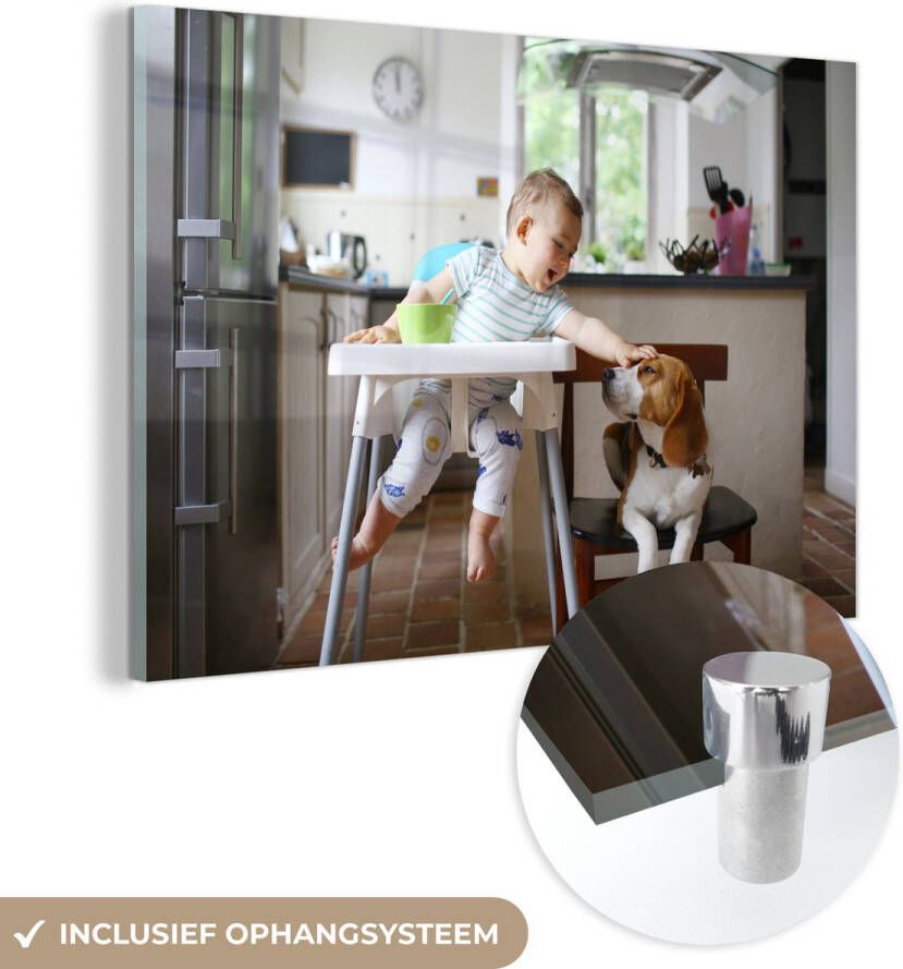 MuchoWow Glasschilderij 60x40 cm Schilderij acrylglas Baby Kinderstoel Hond Foto op glas Schilderijen
