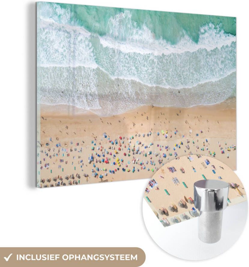 MuchoWow Glasschilderij 60x40 cm Schilderij acrylglas Zee Strand Parasols Water Zomer Foto op glas Schilderijen