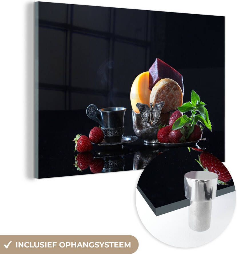 MuchoWow Glasschilderij 60x40 cm Schilderij glas Rustiek Fruit Kaas Tafel Stilleven Foto op acrylglas Schilderijen