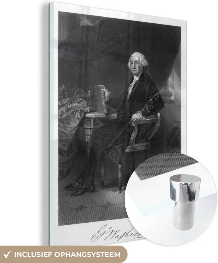 MuchoWow Glasschilderij 60x80 cm Schilderij acrylglas Een illustratie van George Washington in een stoel Foto op glas Schilderijen