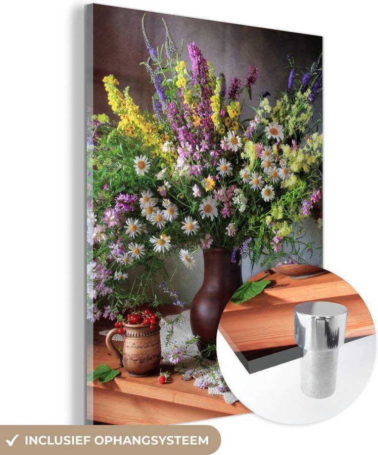 MuchoWow Glasschilderij 60x80 cm Schilderij acrylglas Bloemen Tafel Stilleven Boeket Vaas Foto op glas Muurdecoratie woonkamer Wanddecoratie slaapkamer Schilderijen - Foto 2