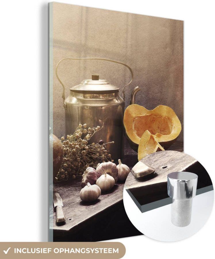 MuchoWow Glasschilderij 60x80 cm Schilderij acrylglas Stilleven Pompoen Knoflook Pan Tafel Foto op glas Muurdecoratie woonkamer Wanddecoratie slaapkamer Schilderijen - Foto 2