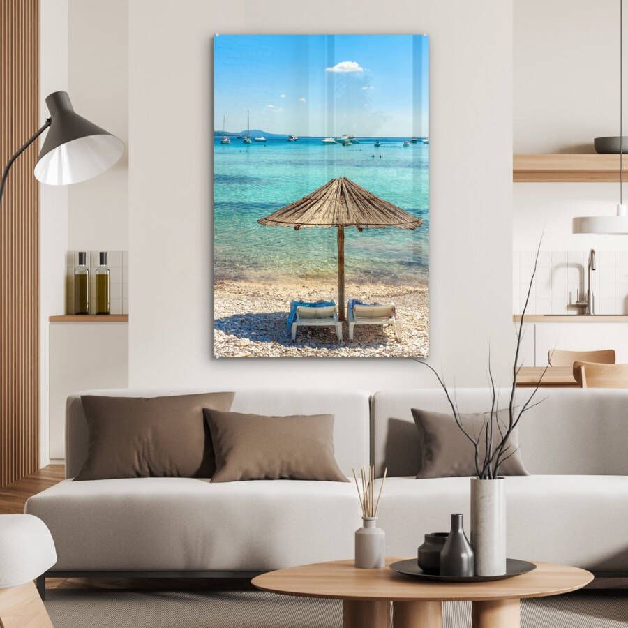 MuchoWow Glasschilderij 80x120 cm Schilderij glas Boot Strand Parasol Foto op acrylglas Schilderijen