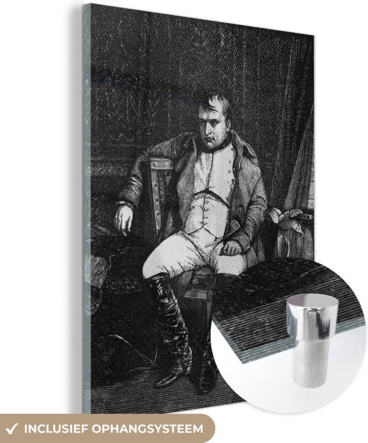 MuchoWow Glasschilderij 90x120 cm Schilderij acrylglas Zwart-wit illustratie van Napoleon Bonaparte op een stoel Foto op glas Schilderijen