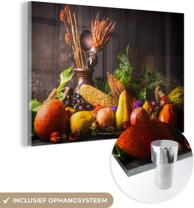 MuchoWow Glasschilderij 90x60 cm Schilderij acrylglas Groente Fruit Rustiek Tafel Foto op glas Schilderijen