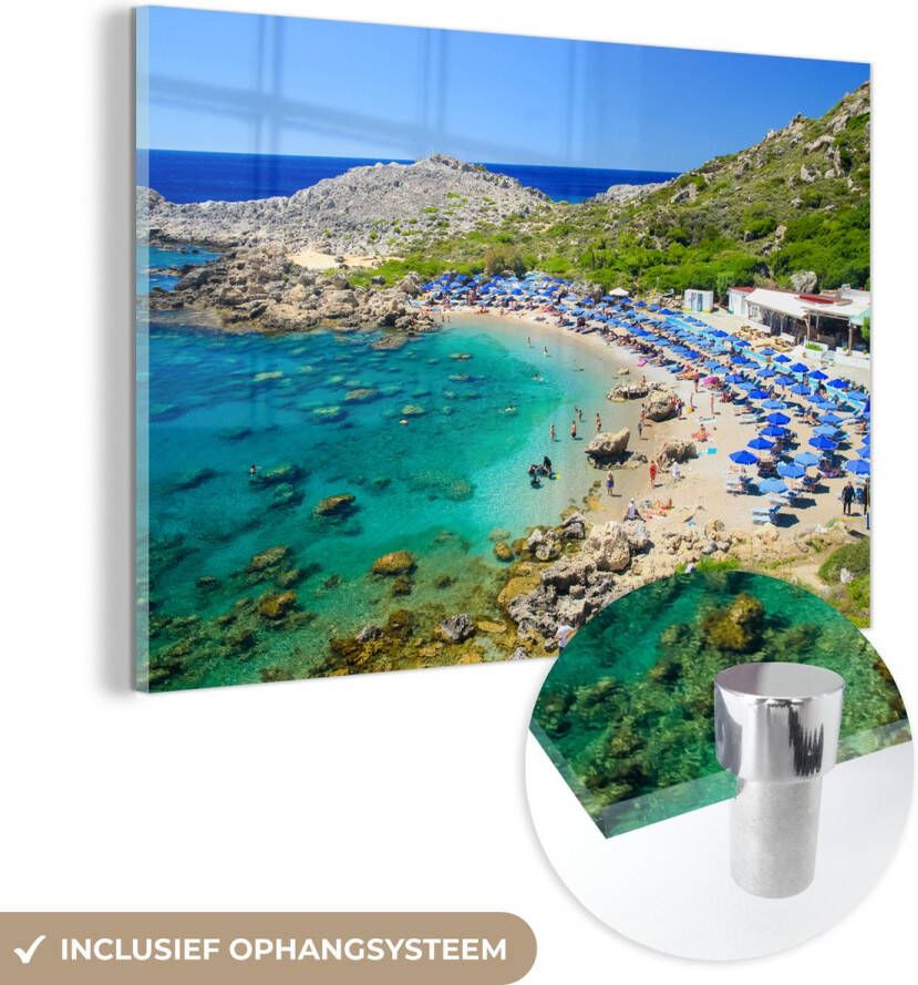 MuchoWow Glasschilderij 90x60 cm Schilderij acrylglas Parasols Zee Griekenland Foto op glas Schilderijen
