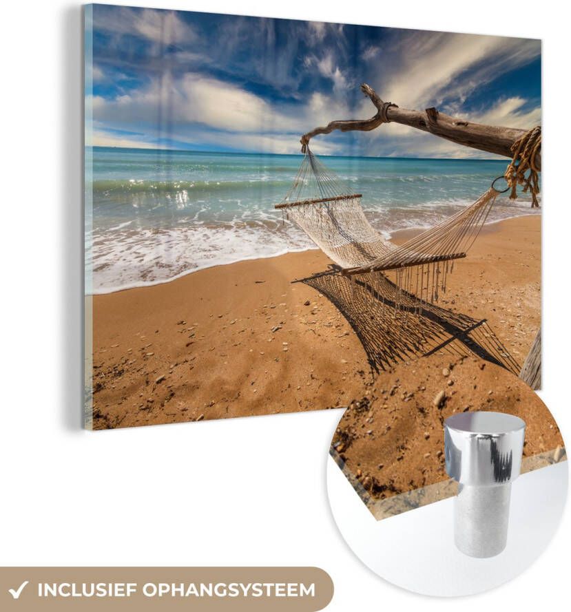 MuchoWow Glasschilderij 90x60 cm Schilderij acrylglas Strand Zee Hangmat Foto op glas Schilderijen