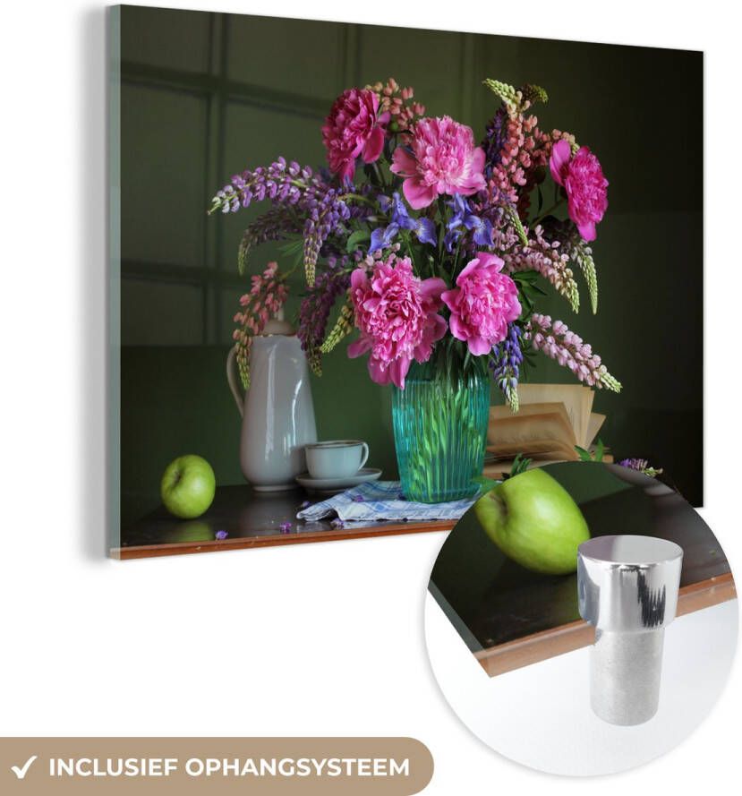 MuchoWow Glasschilderij 90x60 cm Schilderij acrylglas Tafel Bloemen Stilleven Foto op glas Schilderijen