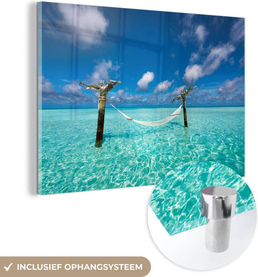 MuchoWow Glasschilderij 90x60 cm Schilderij acrylglas Zee Hangmat Lucht Foto op glas Schilderijen