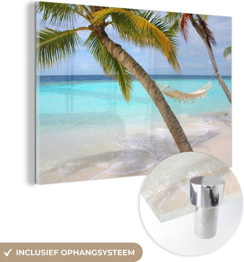 MuchoWow Glasschilderij 90x60 cm Schilderij acrylglas Zee Palmboom Hangmat Foto op glas Schilderijen