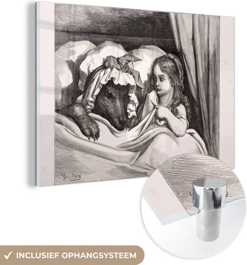 MuchoWow Glasschilderij 90x60 cm Schilderij glas Een illustratie van met de wolf in een bed Foto op acrylglas Schilderijen