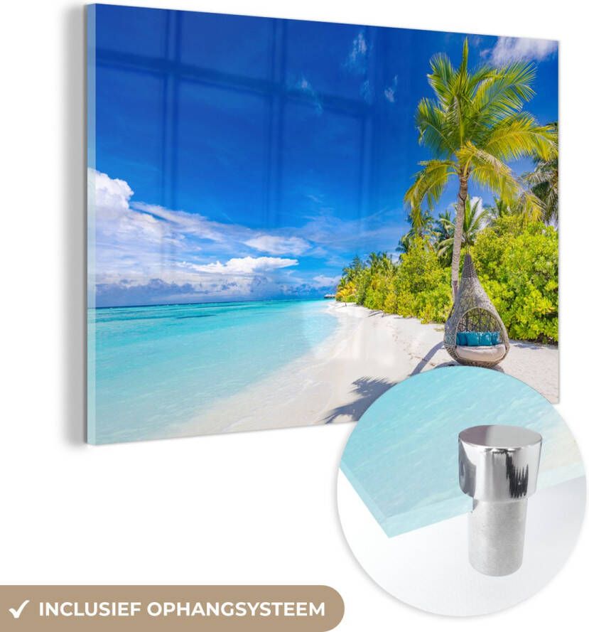 MuchoWow Glasschilderij 90x60 cm Schilderij acrylglas Strand Palm Hangstoel Foto op glas Schilderijen - Foto 1
