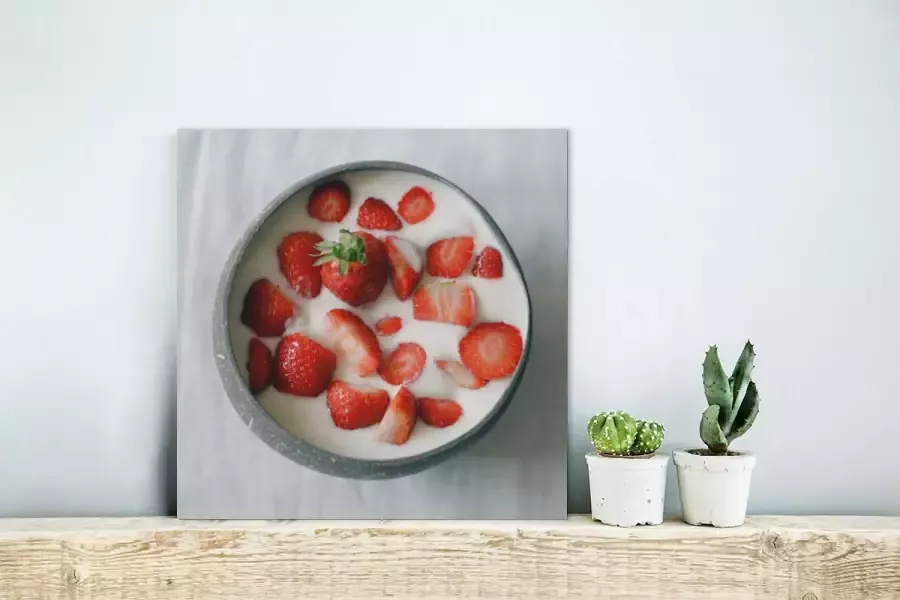 MuchoWow Glasschilderij 20x20 cm Schilderij glas Aardbei Kom Tafel Foto op acrylglas Schilderijen - Foto 3