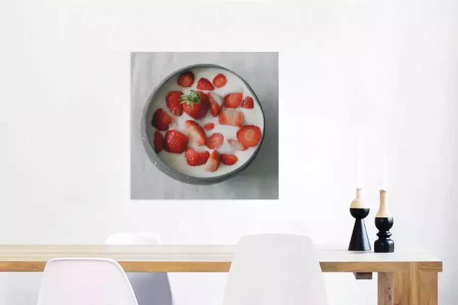 Glasschilderij 50x50 cm Schilderij acrylglas Aardbei Kom Tafel Foto op glas Muurdecoratie woonkamer Wanddecoratie slaapkamer Schilderijen