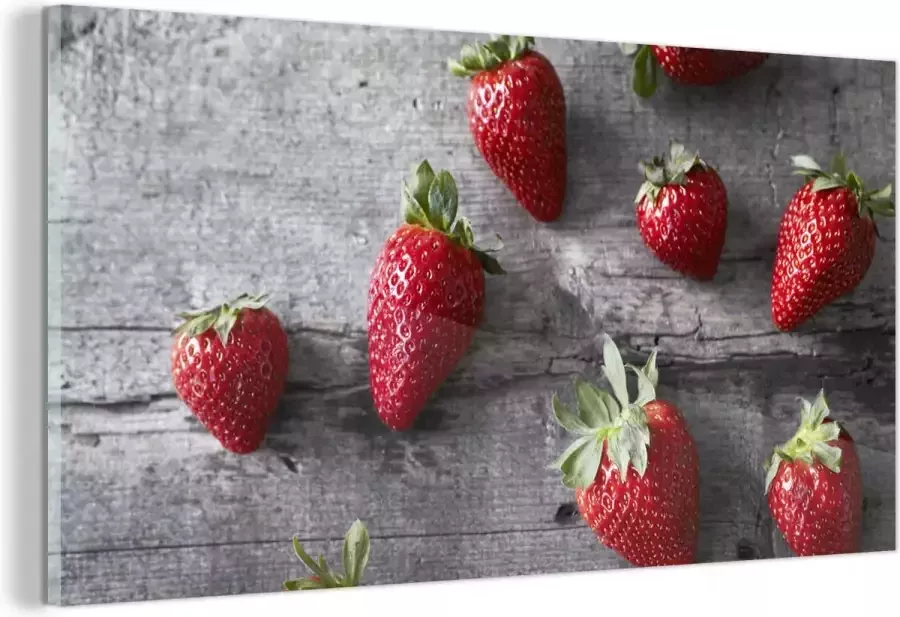 MuchoWow Glasschilderij Aardbei Tafel Hout 120x60 cm Acrylglas Schilderijen Foto op Glas