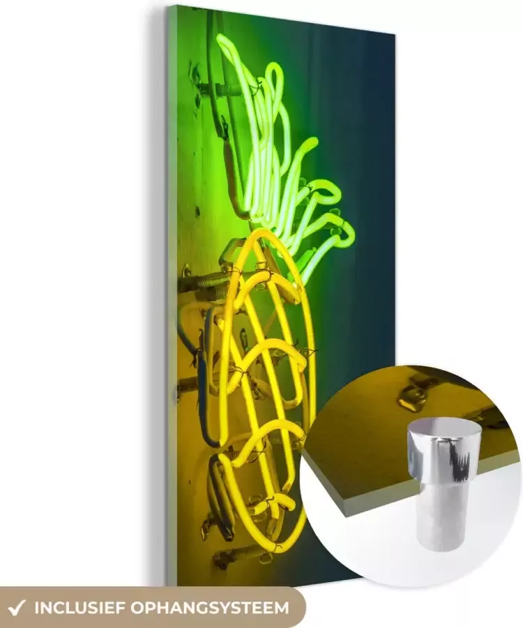 MuchoWow Glasschilderij 40x80 cm Schilderij acrylglas Ananas Neon Lamp Foto op glas Schilderijen - Foto 2
