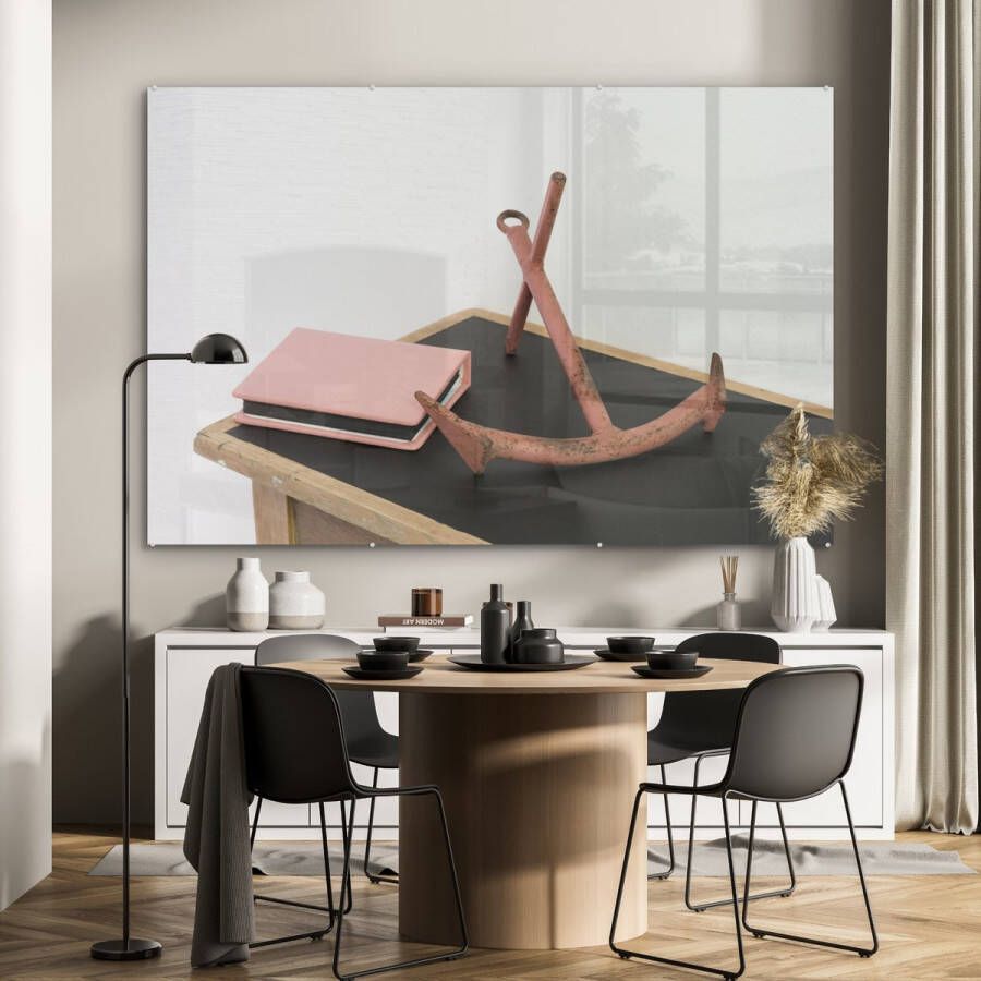 MuchoWow Glasschilderij 150x100 cm Schilderij acrylglas Anker en een notitieboek op een tafel Foto op glas Schilderijen - Foto 2