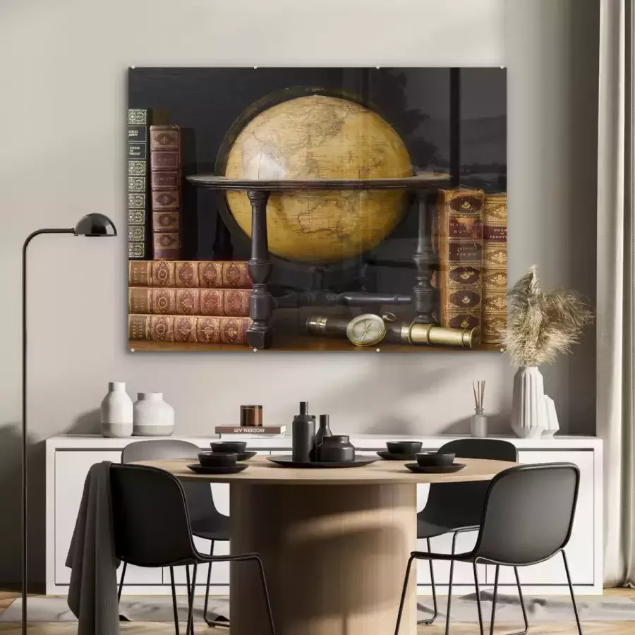 MuchoWow Glasschilderij 120x90 cm Schilderij acrylglas Antieke wereldbol op een tafel met boeken Foto op glas Schilderijen - Foto 2