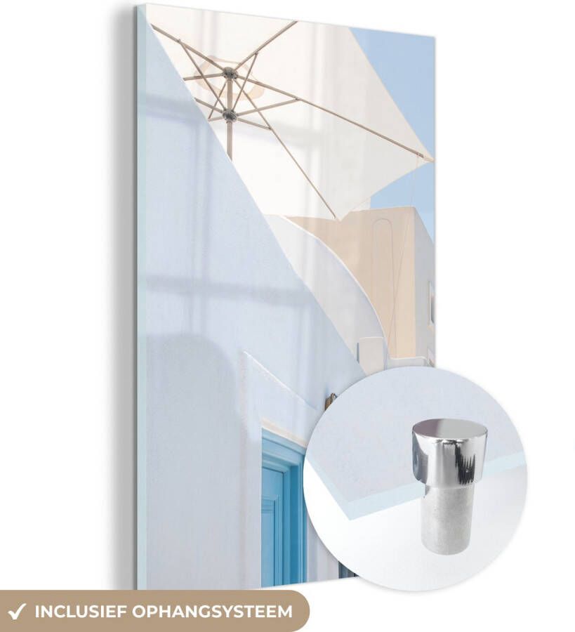 MuchoWow Glasschilderij 120x180 cm Schilderij acrylglas Architectuur Parasol Deur Wit Blauw Foto op glas Schilderijen