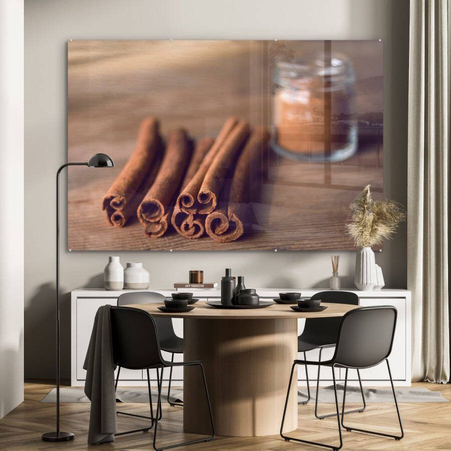 Glasschilderij 180x120 cm Schilderij acrylglas Aromatische kaneelstokjes op een houten tafel Foto op glas Muurdecoratie woonkamer Wanddecoratie slaapkamer Schilderijen
