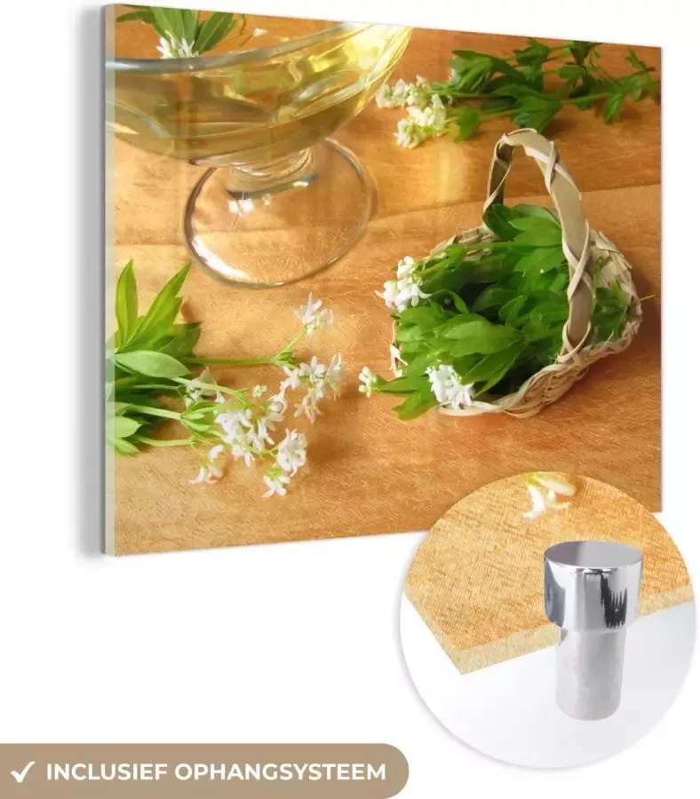 MuchoWow Glasschilderij 120x90 cm Schilderij glas Artistieke samenstelling van lievevrouwebedstro op een houten tafel Foto op acrylglas Schilderijen - Foto 2