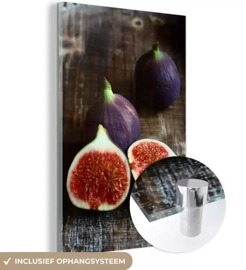 MuchoWow Glasschilderij 20x30 cm Schilderij acrylglas Artistieke vijgen op houten tafel Foto op glas Schilderijen