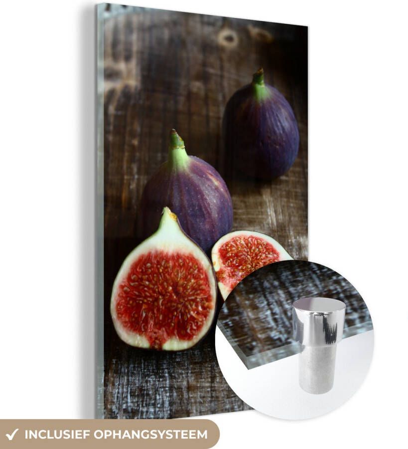 MuchoWow Glasschilderij 80x120 cm Schilderij glas Artistieke vijgen op houten tafel Foto op acrylglas Schilderijen