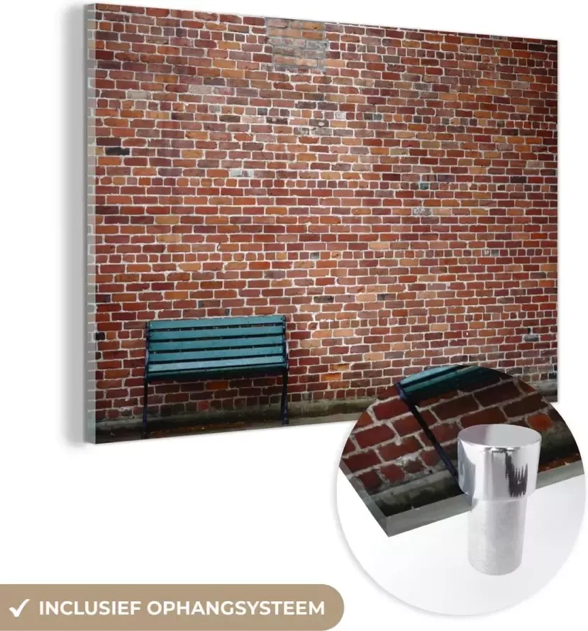 MuchoWow Glasschilderij 30x20 cm Schilderij glas Baksteen Bank Groen Foto op acrylglas Schilderijen