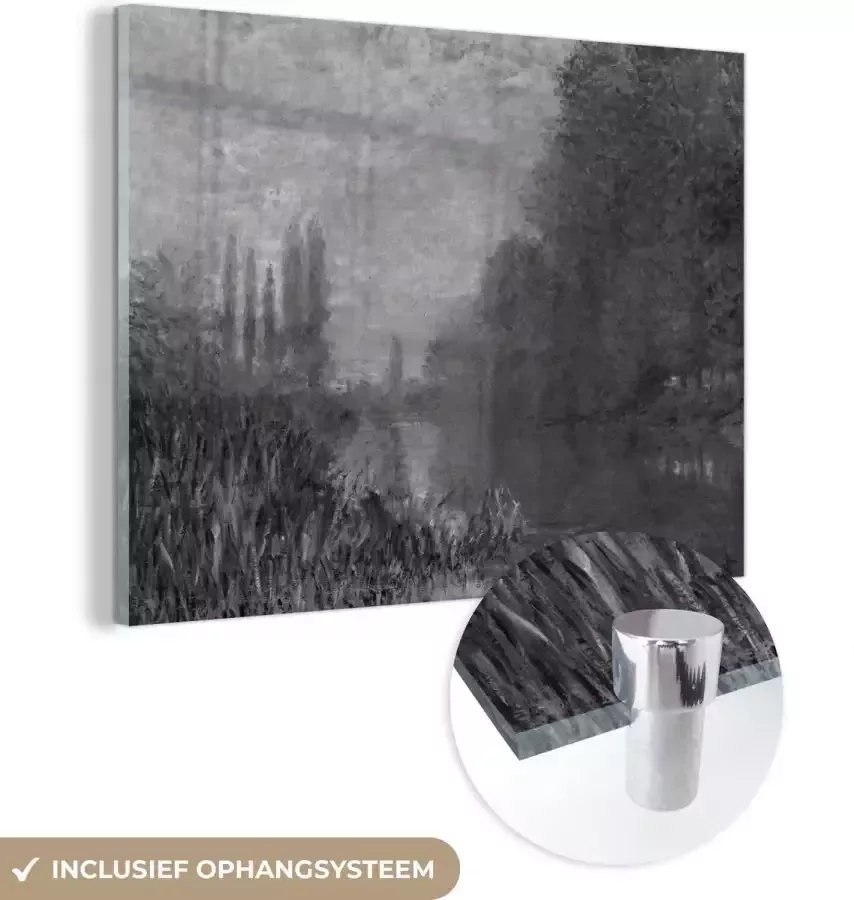 MuchoWow Glasschilderij 40x30 cm Schilderij acrylglas Bank of the Seine in Autumn schilderij van Claude Monet in zwart wit. Foto op glas Schilderijen - Foto 2