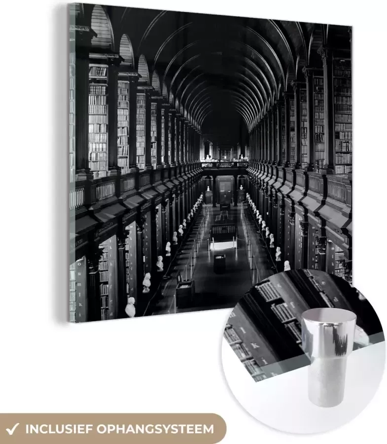 MuchoWow Glasschilderij 50x50 cm Schilderij glas Bibliotheek van het Trinity College in Ierland zwart wit Foto op acrylglas Schilderijen - Foto 2