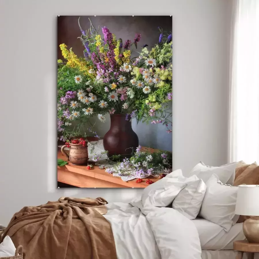 MuchoWow Glasschilderij 100x150 cm Schilderij acrylglas Bloemen Tafel Stilleven Boeket Vaas Foto op glas Muurdecoratie woonkamer Wanddecoratie slaapkamer Schilderijen