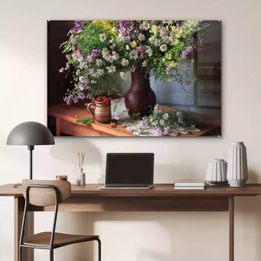 MuchoWow Glasschilderij 120x80 cm Schilderij acrylglas Bloemen Tafel Stilleven Boeket Vaas Foto op glas Muurdecoratie woonkamer Wanddecoratie slaapkamer Schilderijen - Foto 2
