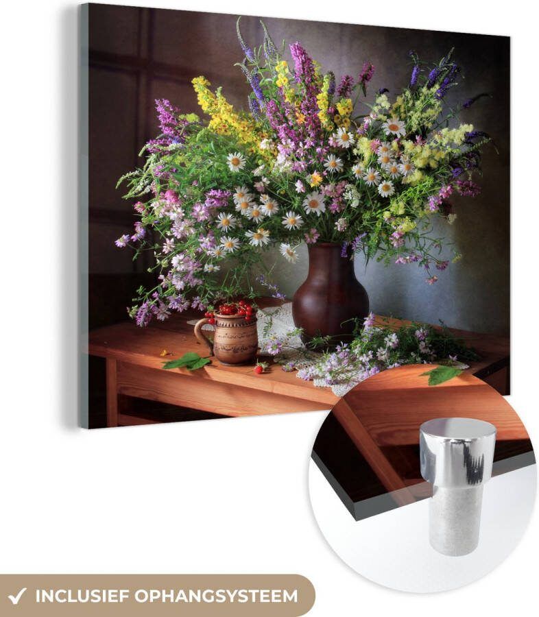 MuchoWow Glasschilderij 120x90 cm Schilderij acrylglas Bloemen Tafel Stilleven Boeket Vaas Foto op glas Muurdecoratie woonkamer Wanddecoratie slaapkamer Schilderijen - Foto 2